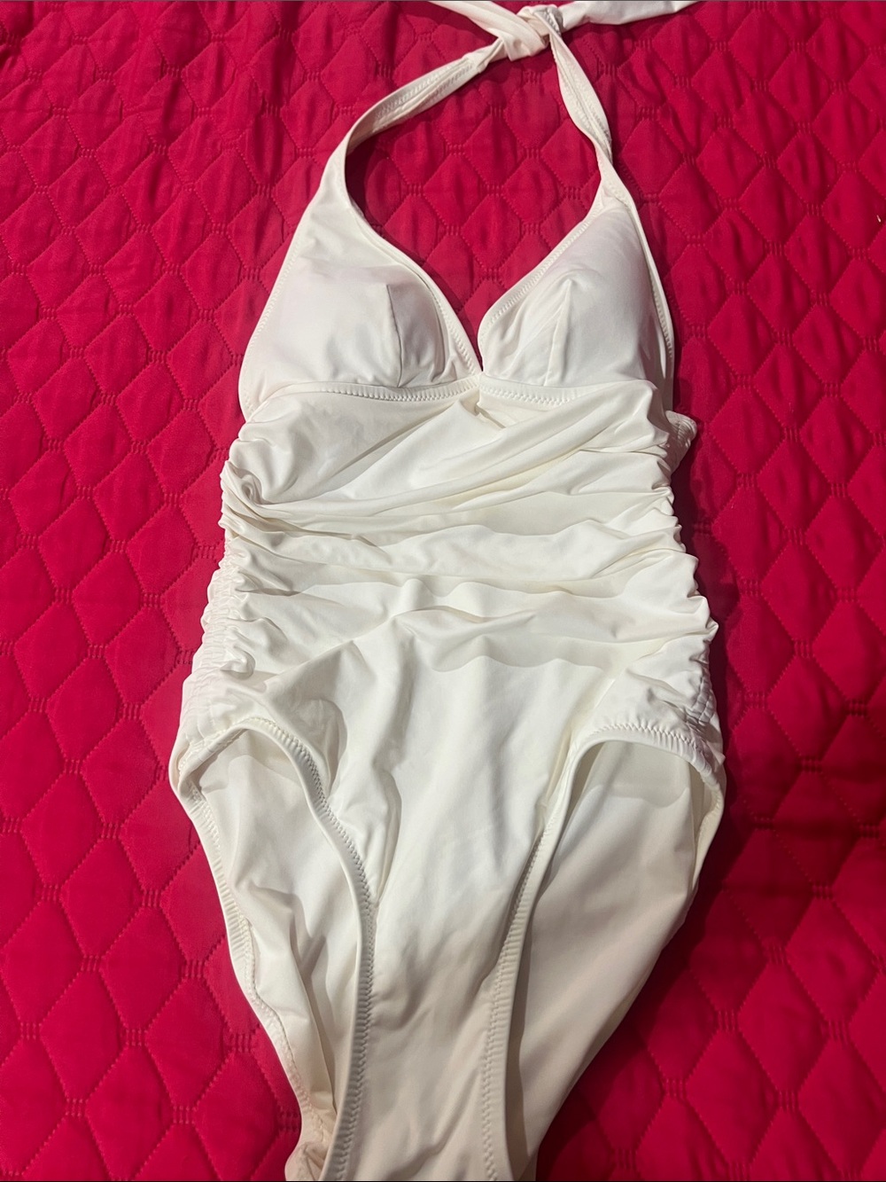 DKNYC White Ruched Halter One-Piece Swimsuit